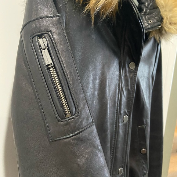 Black Leather Jacket with Fur Hood - Picture 5 of 8